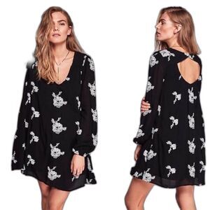 FREE PEOPLE swing dress gauze black & white floral boho festival mini XS / S EUC
